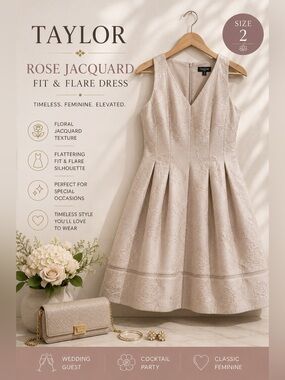 Taylor Rose Jacquard Fit & Flare Dress Light Taupe Size 2